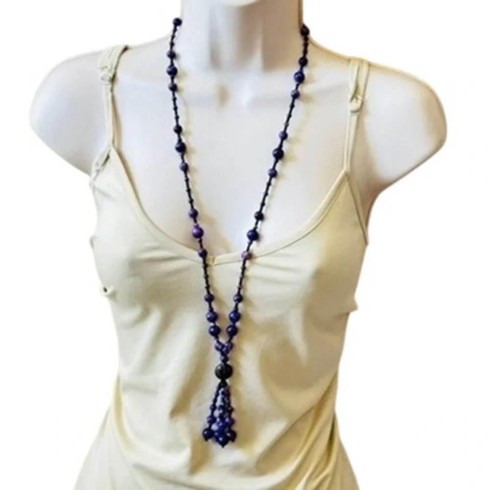 VTG Czech Art Glass‎ Beaded Picasso Tassel Necklace Purple Beads Flapper 32